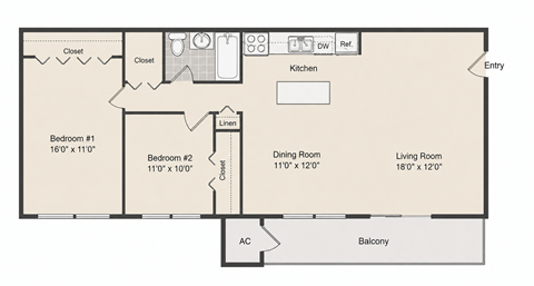 Floor plan for 2 beds, 1 bath, 840 sqft